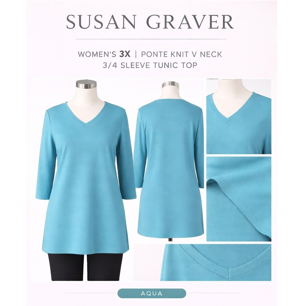 Susan Graver Womens 3X Ponte‎ Knit V Neck 3/4 Sleeve Tunic Top Aqua A225871